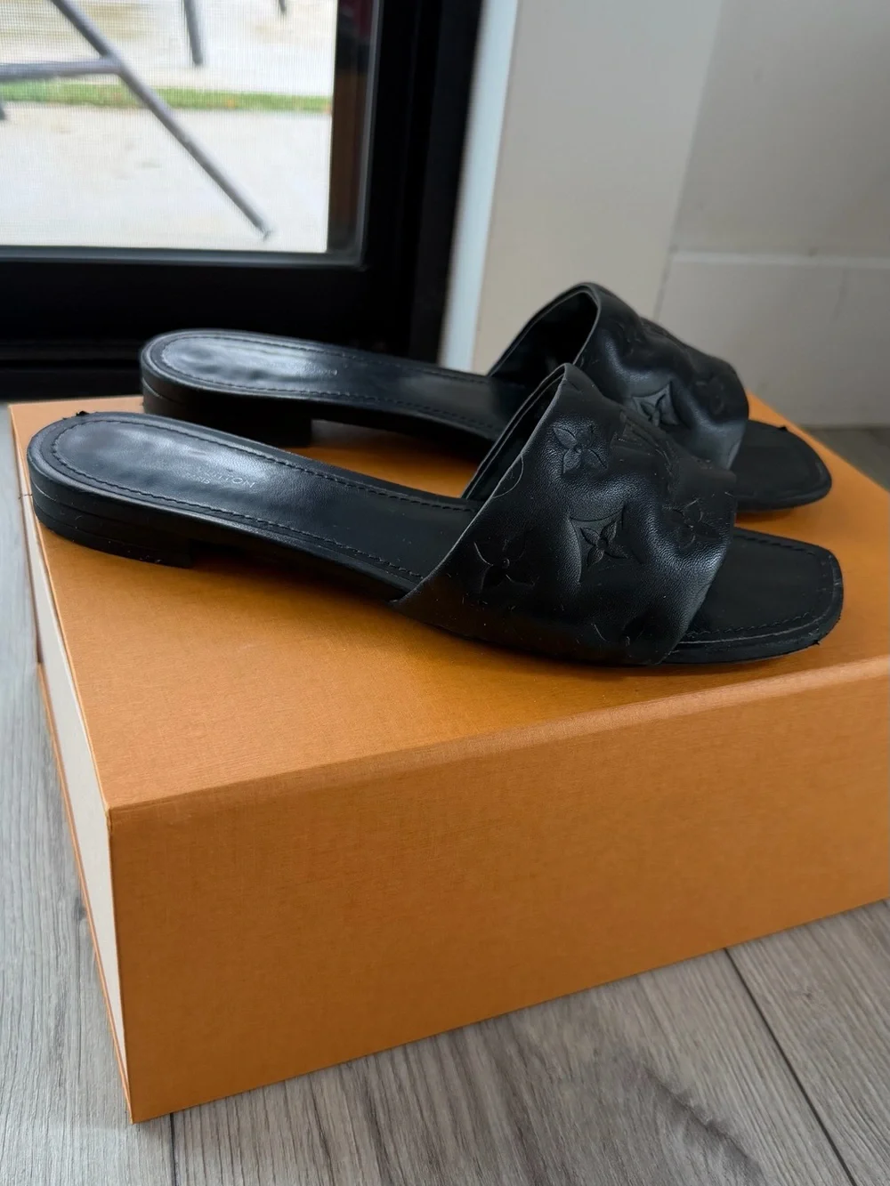 Louis Vuitton Black Embossed Monogram Slide Sandals